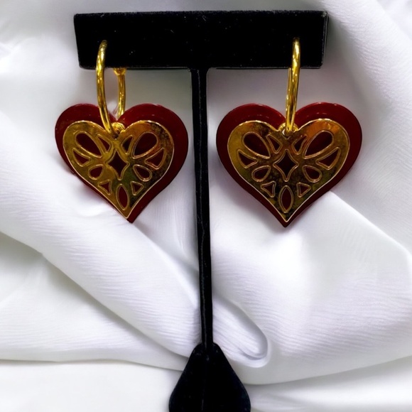 Vintage 80s Chunky Gold and Red Heart Earrings - Picture 1 of 3